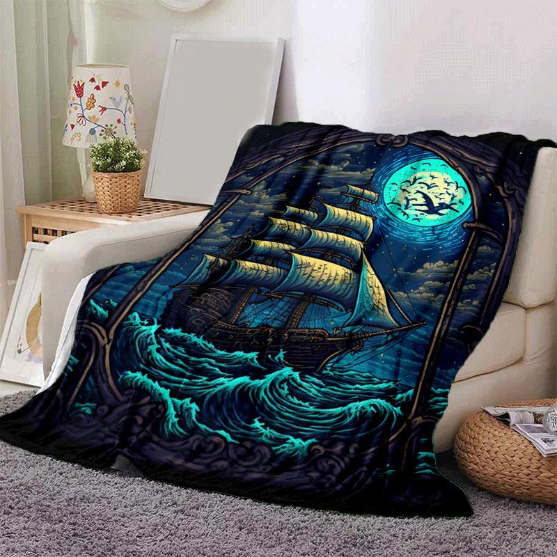1pc Boat Printing Lightweight Flannel Blanket, Comfortable and Warm Blanket, for Camping Sofa Bed and Couch Office, Suitable for Gift Blanket