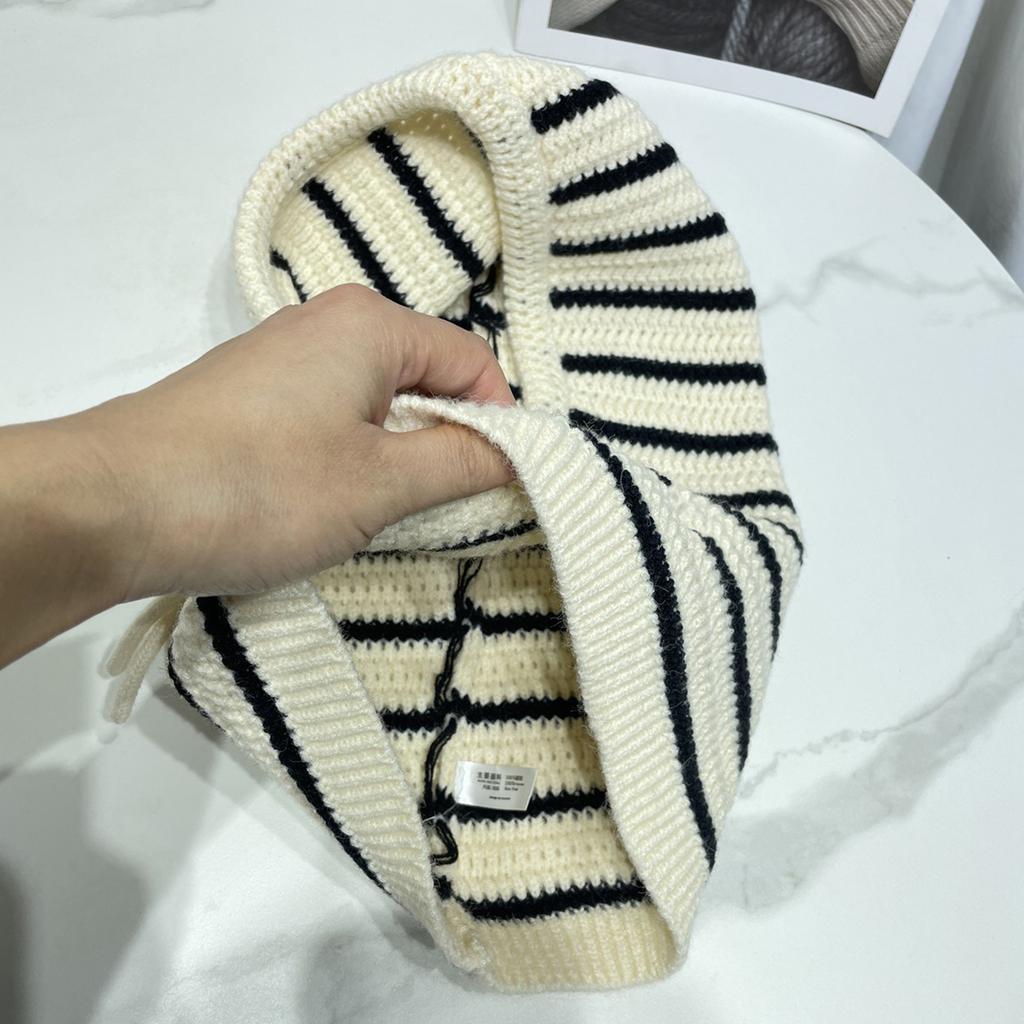 Warm Stripe Balaclava Cap Crochet Hooded Scarf Hat for Skiing Hiking Universal Lady Windproof Shawl Hat with Neck Covers