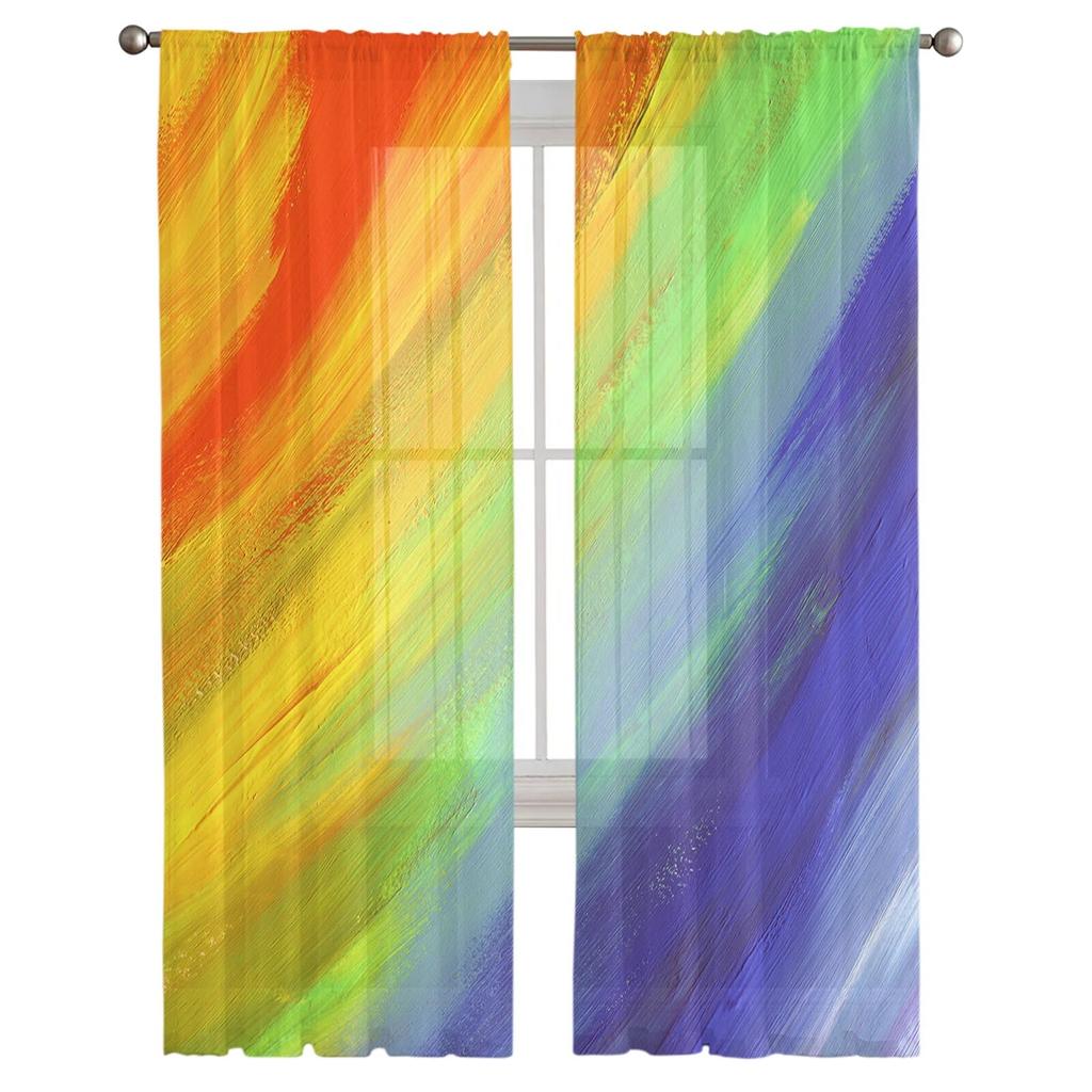 Gradient Watercolor Oil Painting Window Tulle Curtains for Living Room Bedroom Hotel Luxury Decoration Sheer