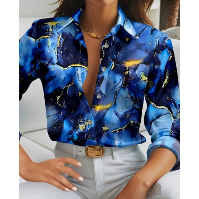 Fashion Elegant Office Ladies Shirt Women's Casual Graffiti Printed Shirt Lapel Button Long Sleeve Home Shirt Womens Blouse