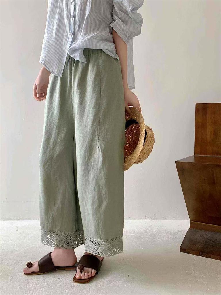 Johnature Japońskie Spodnie Patchworkowe z Koronki Vintage Kobiety Casual Proste Luźne Spodnie Lato