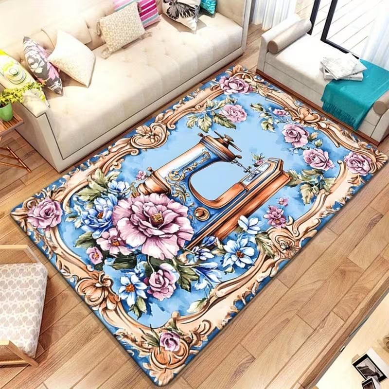 

Vintage Sewing Machine Floral Print Area Rug Retro Flower Pattern Carpet Non Slip for Living Room Bedroom Sewing Room Home Decor 40X60CM
