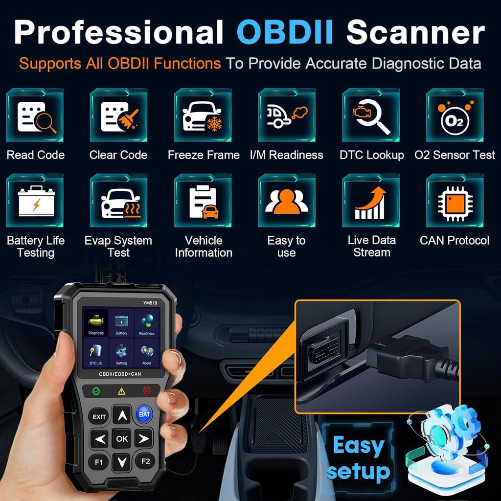 OBD2 Scanner with Battery Tester - Diagnostic Tool for Cars, Check Engine Light & Emissions Readiness, Real-Time Date, Plug & Play