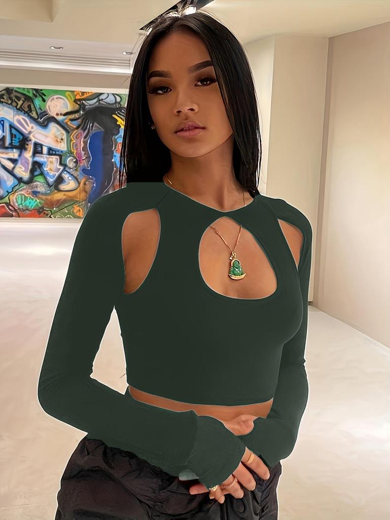 Spring/Summer Streetwear Solid Color Round Neck Long Sleeve Hollow Out Cropped T-shirt