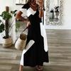 Women Plus Size V Neck Short Sleeve Black White Printed Straight Long Dress