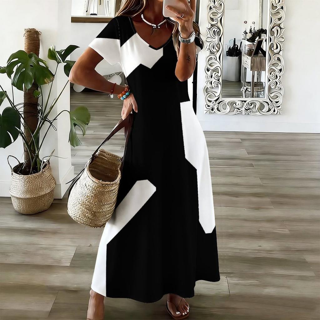 Women Plus Size V Neck Short Sleeve Black White Printed Straight Long Dress