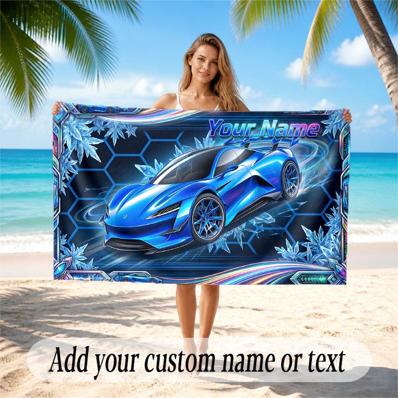 Car Racing Theme Beach Towel Personalized Custom Name & Text Soft Quick Dry Beach Towel for Swimming Travel