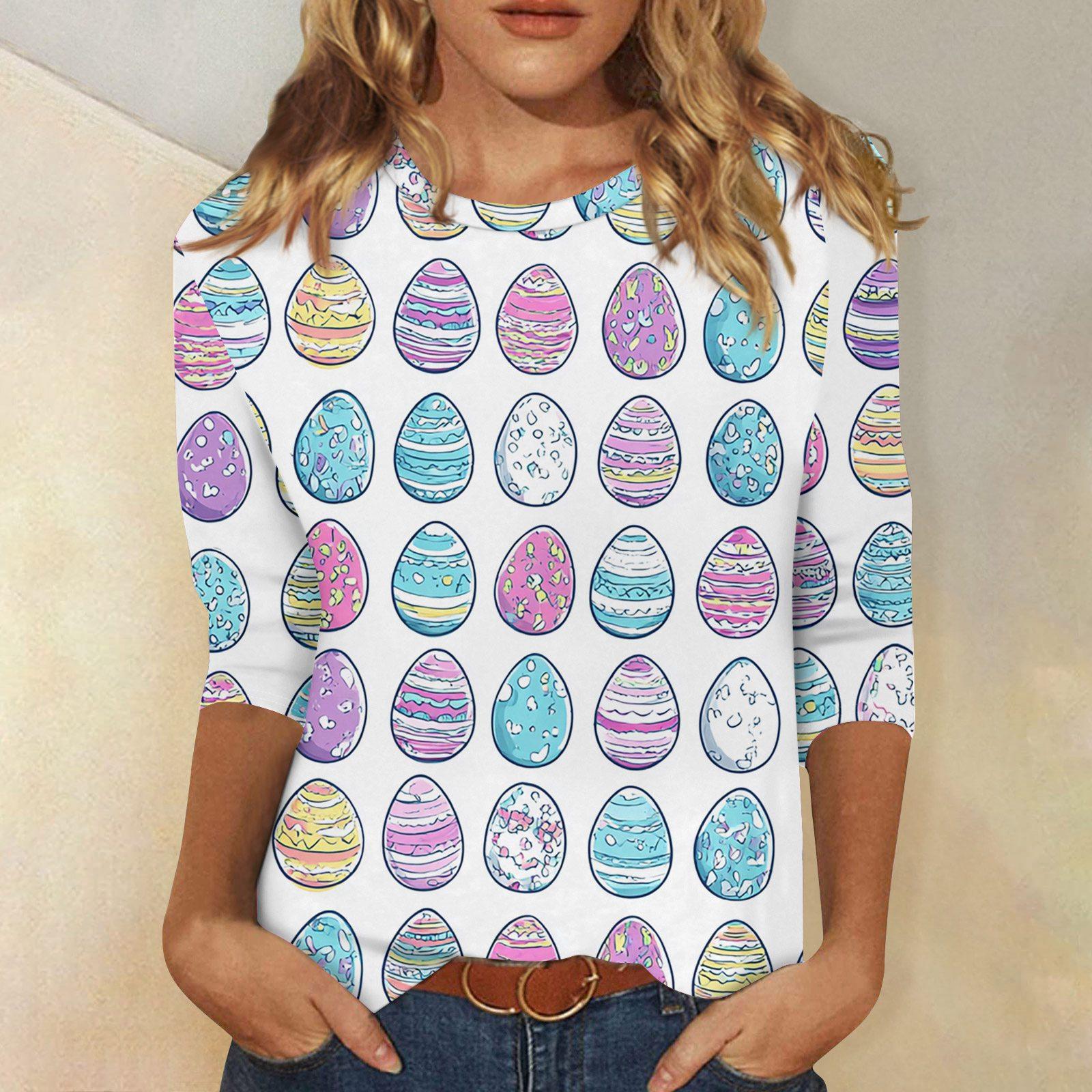 

Women s Fashionable Casual Easter Bunny And Egg Print Neck Three-Quarter Sleeve T-Shirt M