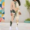 Women Plus Size White Blue Printed Round Neck Long Sleeve Top Fitted Pants Two Piece Set