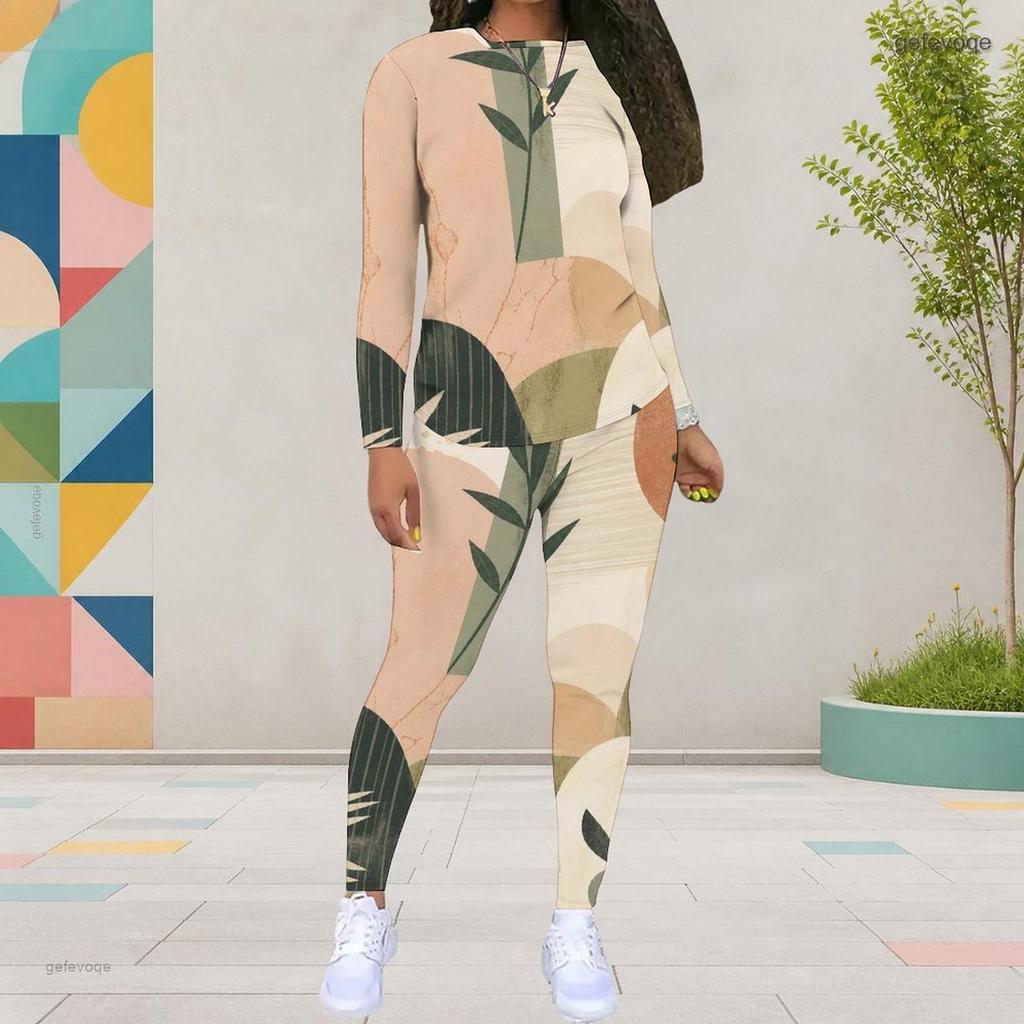 Women Plus Size White Blue Printed Round Neck Long Sleeve Top Fitted Pants Two Piece Set