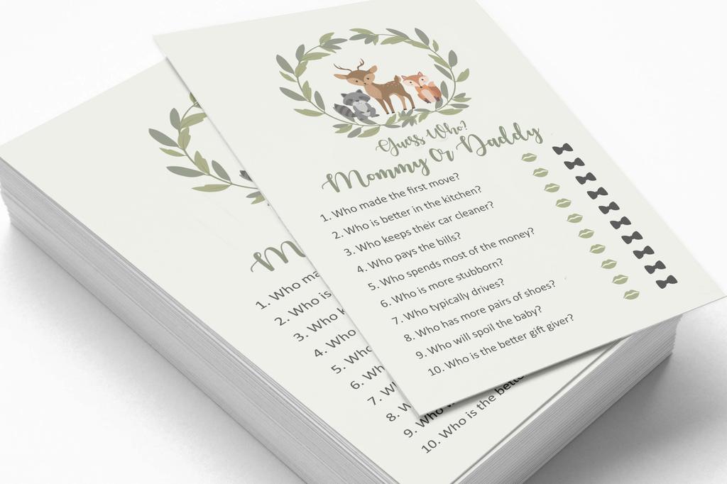 Inkdotpot Spiel „Mama oder Papa, wer hat es gesagt?“, geschlechtsneutral, Kranz und Tiere, 50er-Set, lustiges Babyparty-Spiel, Partyzubehör
