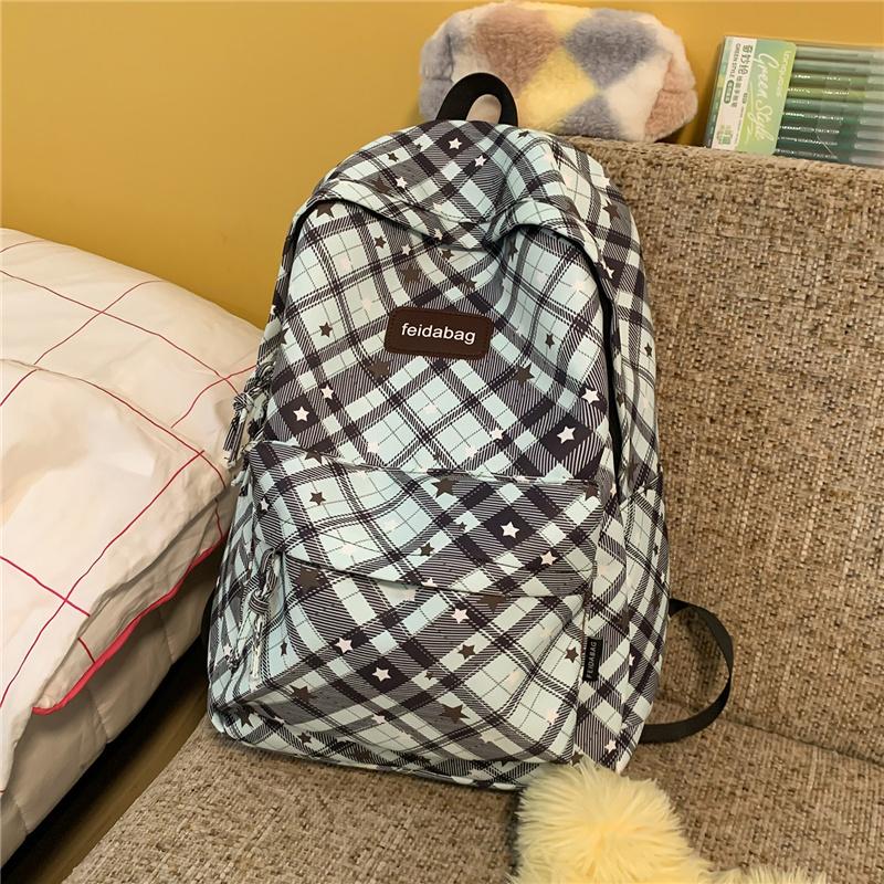 Schulrucksack für Studenten Damen Retro Karomuster Große Kapazität Reiserucksack