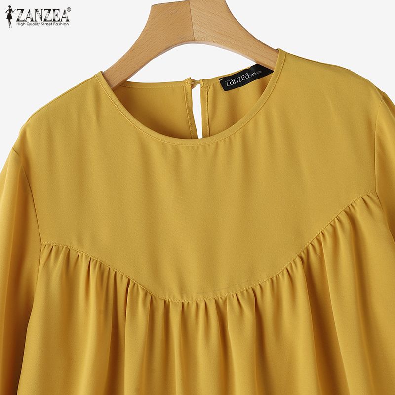 ZANZEA Women Casual Round Neck Solid Color 3/4 Sleeve Loose Blouse