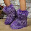 Women's Faux Fur Boots Fuzzy Fluffy Furry Round Toe Suede Winter Comfortable Plush Warm Short Snow Booties for Women Slip On Flat Shoes Mid-Calf Boots