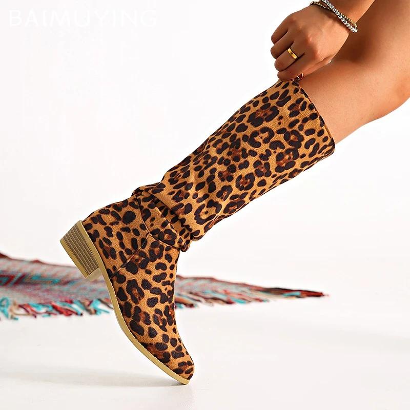 Leopard Women High Boots Sexy Chunky Pointed Toe Knee High Shoes Woman 2024 Trend Winter New Gladiaotor Motorcycle Botas Mujer