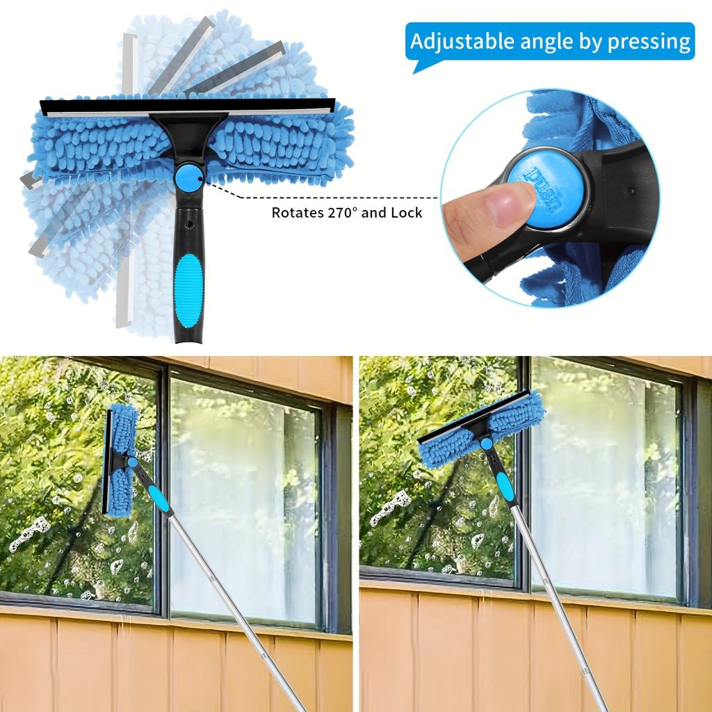 2-in-1 High Window Cleaning Scraper Set (Includes 1 Rotating Head and 4 Replaceable Brush Heads) (Includes Extension Pole)