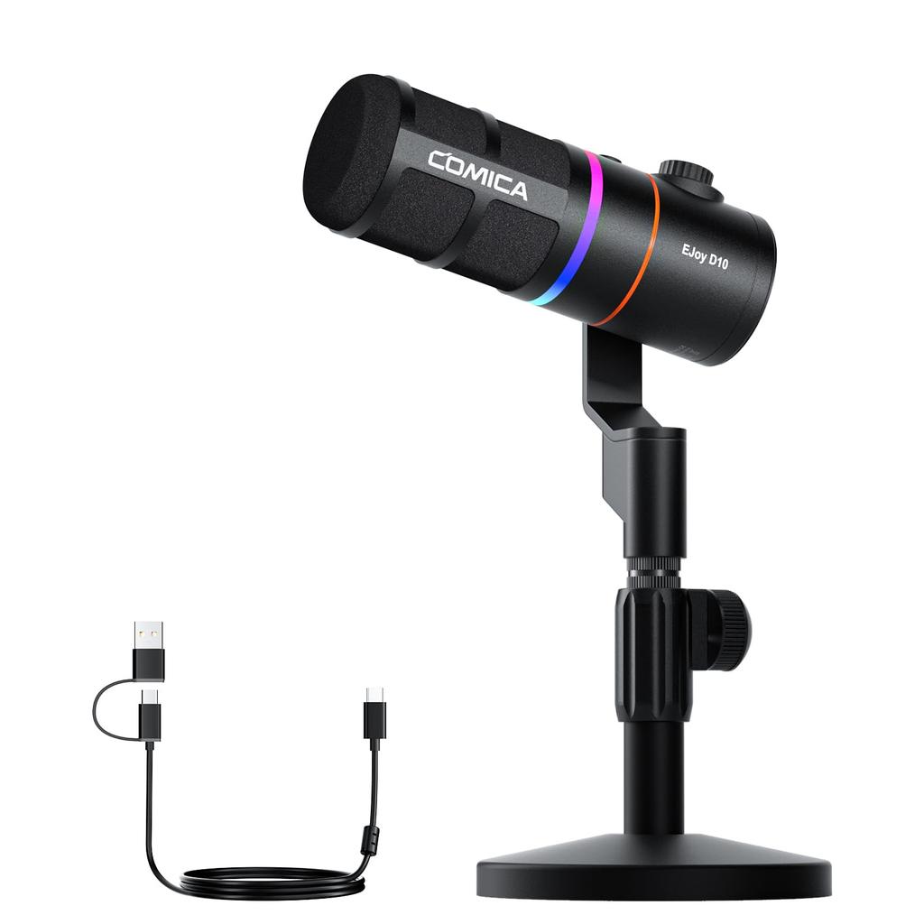 Comica EJoy D10 (Black) Dynamic Gaming Microphone with USBXLR Digital and Analog Dual Outputs, Unidirectional, RGB Lighting, and Noise Reduction,
