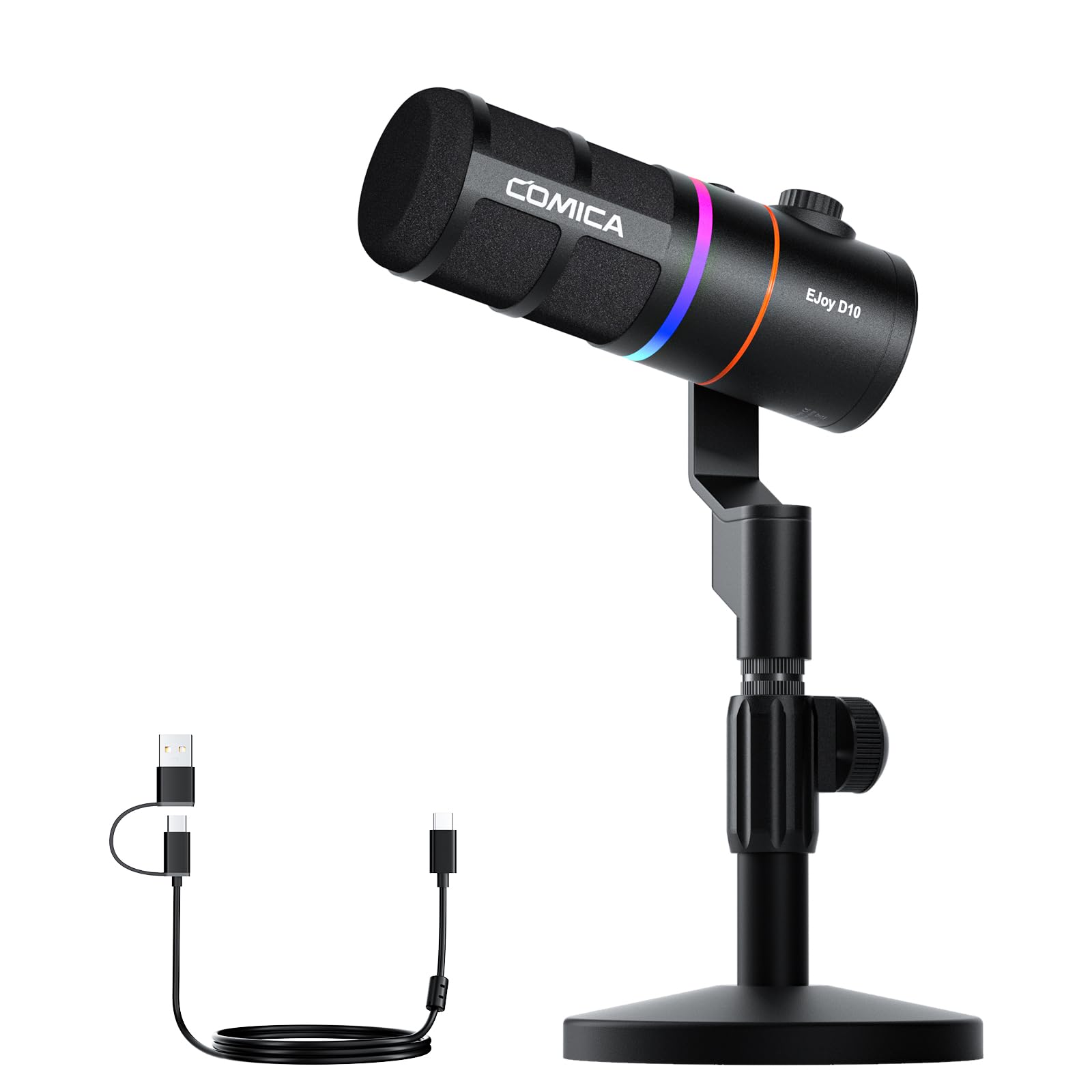 

Comica EJoy D10 (черный) Динамический игровой микрофон с цифровыми и аналоговыми двойными выходами USBXLR, однонаправленный, RGB-подсветкой и шумоподавлением,