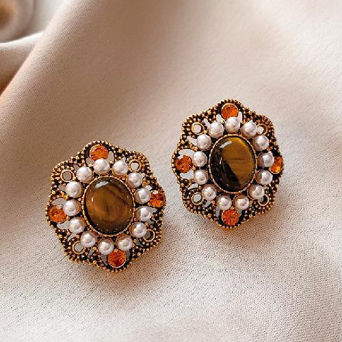 Silver Needle Resin Tiger's Eye Stone Round Leopard Pattern Earrings Retro Maillard Earrings Niche High-end Earrings