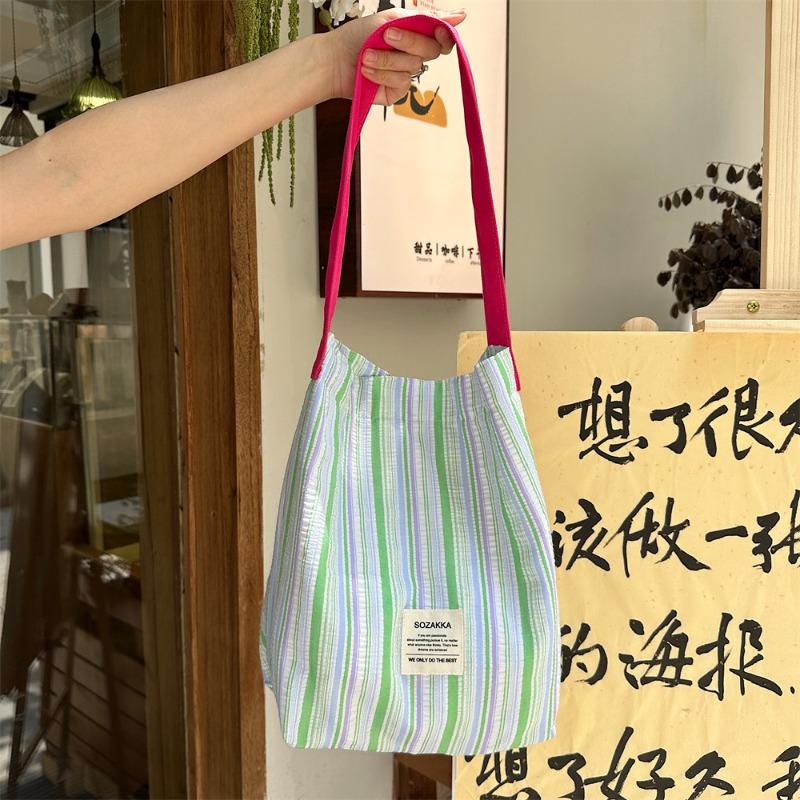 Plissert stripet kontrastfarget skulderveske, frisk og allsidig lerretsveske med stor kapasitet, skolesekk for kvinnelige studenter