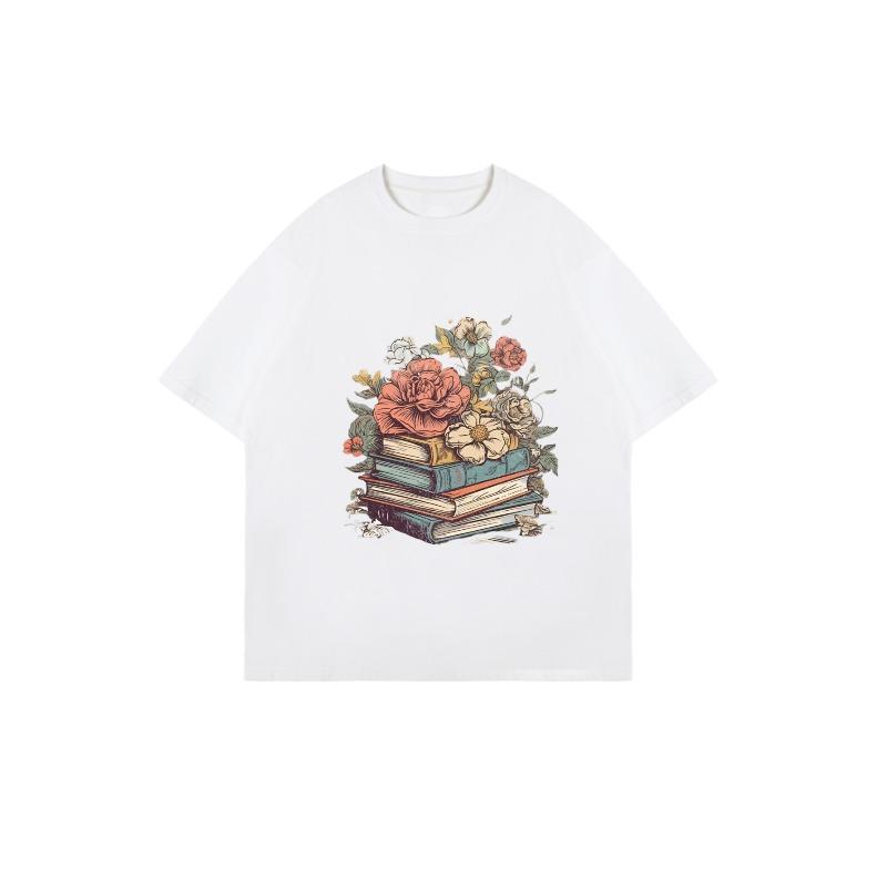 Black Oversized T Shirt With Stack Of Books And Flowers Print For Casual Wear And Reading Lovers
