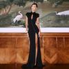 European & American Sexy Hollow Stand Collar High Slit Short Sleeve Long Dress