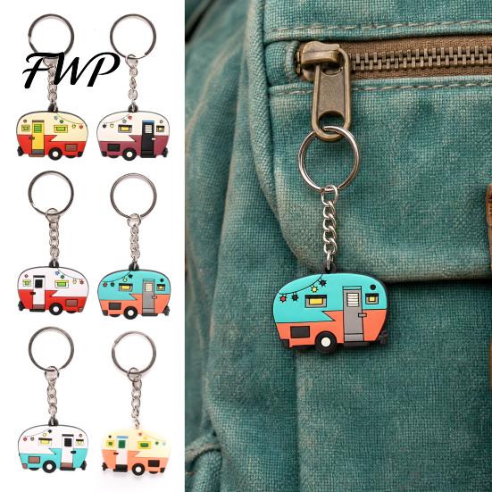 Camping Keychain Cartoon RV Shape Keychain, Contrasting Color Keyring Accessories for Travel Trailers, Enameled Metal Retro Car Trailer