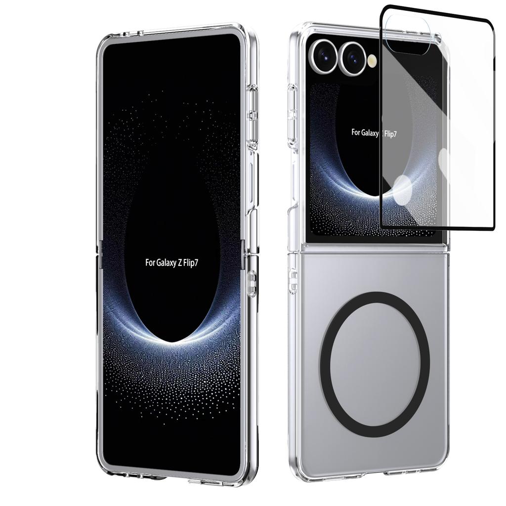 HD Transparent Magnetic Case For Samsung Galaxy Z Flip 7 6 5 4 Crystal Clear Cover With Clear Tempered Glass Screen Protector