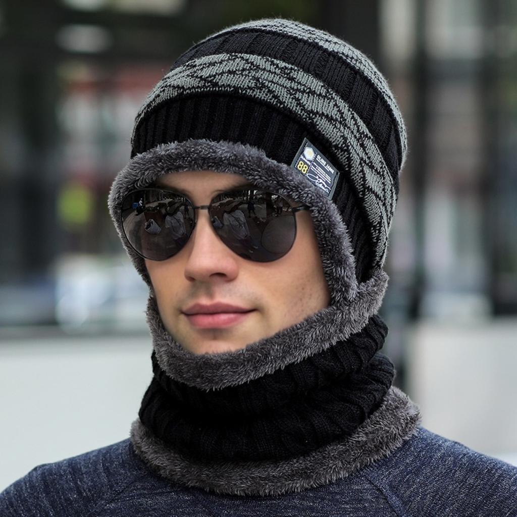 Men & Women Knitted Hat Plush Fur Lining Thick Warm Hat Suit Stylish Winter Hats Leisure Beanie Cap