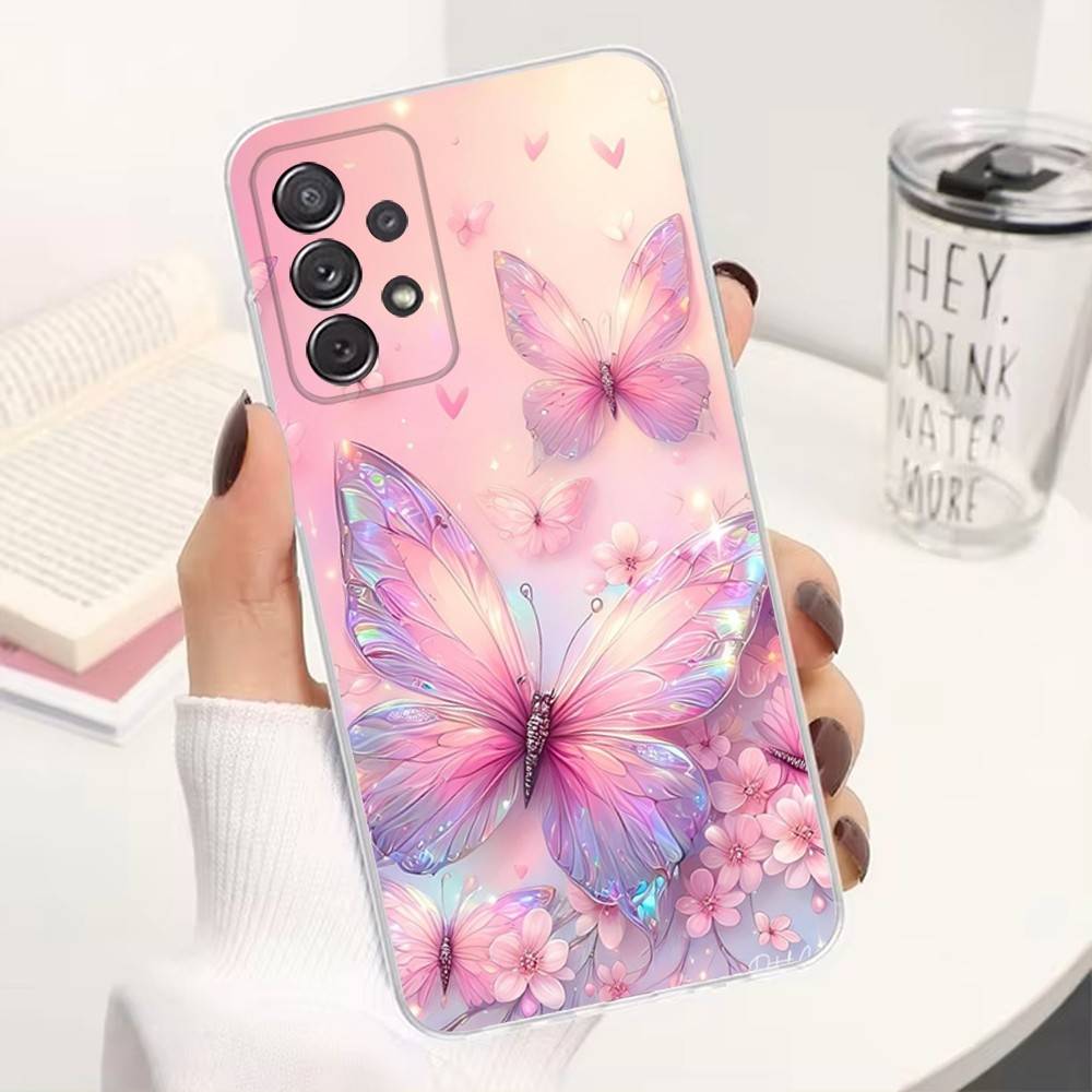 Pink Butterfly Pattern For Samsung A51,30,71,S9,Ultra,S20,FE,22,Lite,23,21,PIus,10,Transparent, Silicone Case
