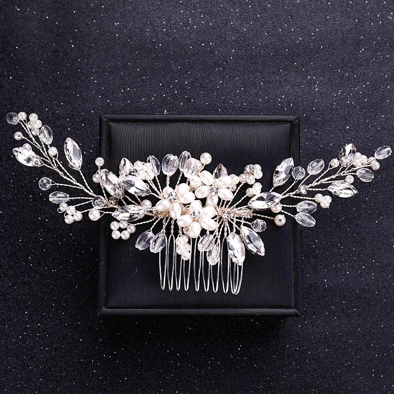 Handmade Silver Crystal Flower Hair Comb Pearl Rhinestone Flower Hair Combs for Women Bride Hair Jewelry Wedding Hair Accessorie