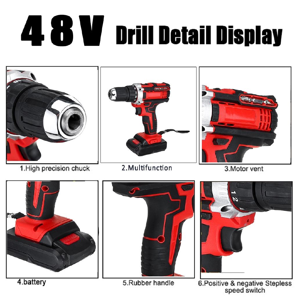 48v Electric Drill Cordless Screwdriver 2 Speed Driver Rechargeable 13000mah With 2 Li-ion Battery 3 In 1 110v 220V