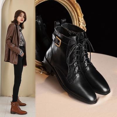 Genuine Leather Chelsea Boots Round Toe Metal Belt Buckle Women Boots /Autumn Fashion Side Zipper Women Shoes Size 34 -43
