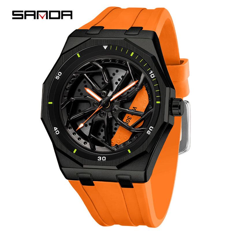 SANDA Men's Waterproof Luminous Polygonal Quartz Watch with 3D Rotating Dial and Silicone Band