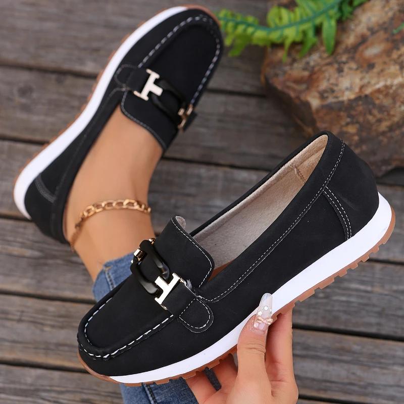2025 Spring New Women's Buckle Low-top Casual Shoes Fashion Round-toed Vulcanized Shoes Comfortable Slip-on Women's Flat Shoes