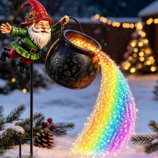 Solar-Weihnachts-Gartenleuchten Erdspießleuchte, Santa gießt fließende LED-Lichterketten, Bunte magische Strombetriebene Dekorationen Lichteffekt, Außenbereich