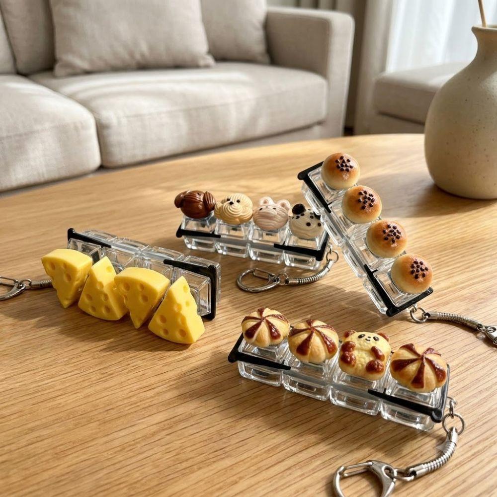 Finger Button 4 Key Mechanical Keychain Pressable Toy Mini Bread Model Pendant  Kids Gift