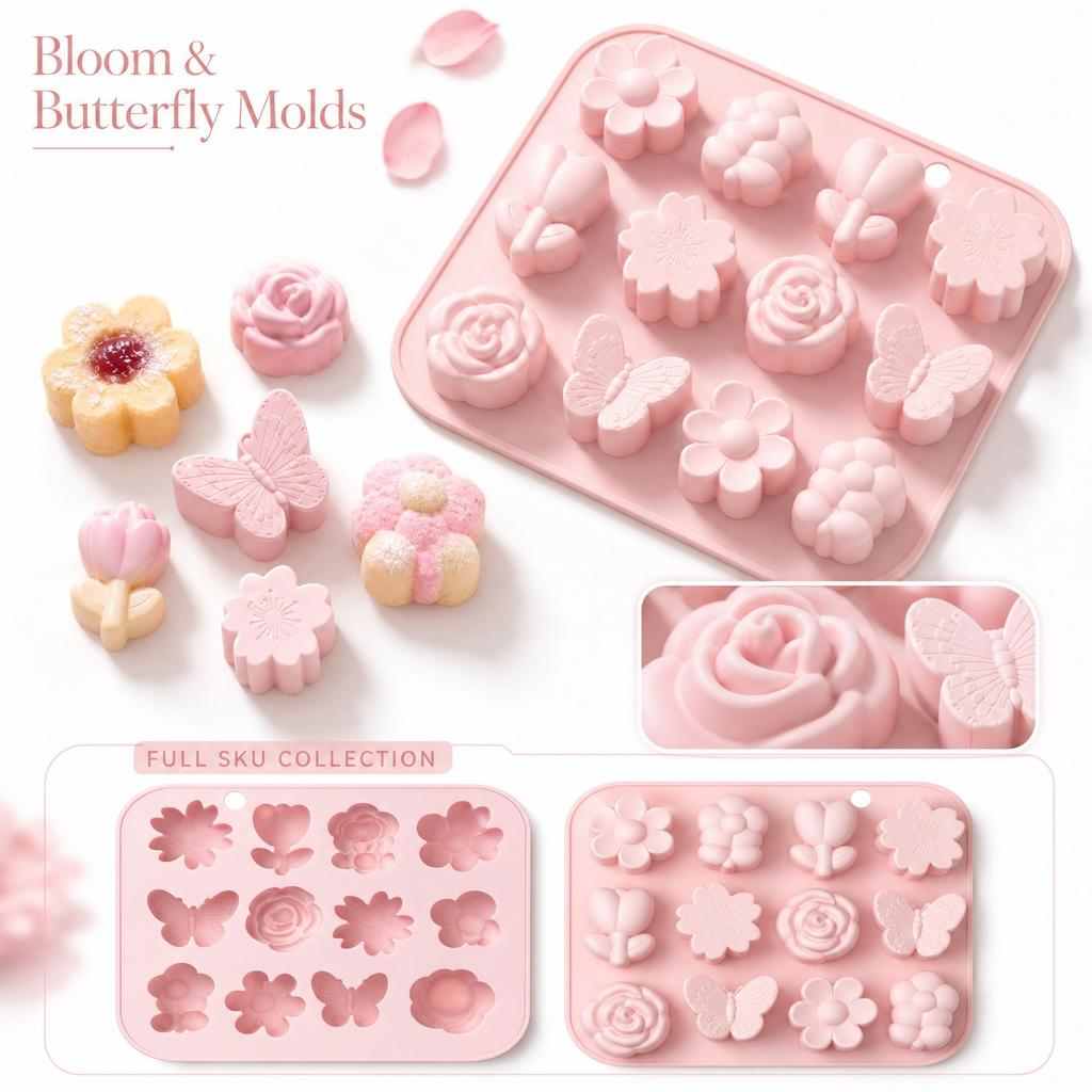 12-Cavity Silicone for Chocolate and , Food Grade, Easy Release Flower Butterfly Shapes