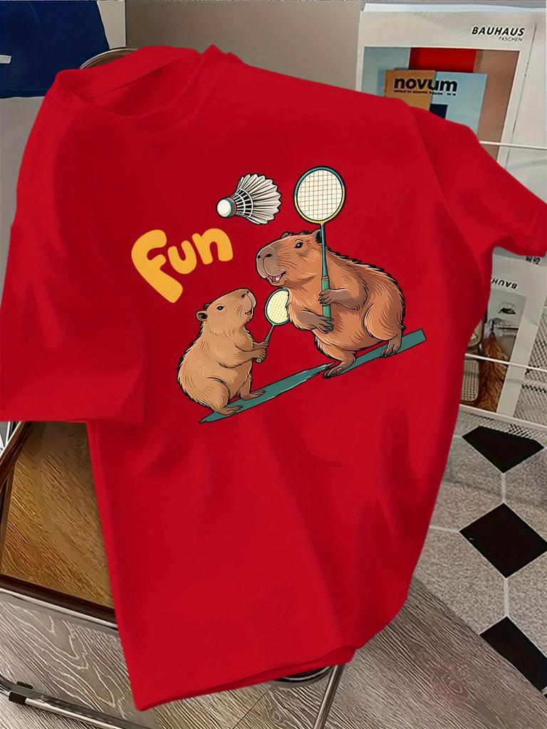 Male Cotton Crew Neck Tee Cartoon Capybara Play Badminton Fun Print Loose Short Sleeve Casual Summer Sports Daily Animal T Shirt