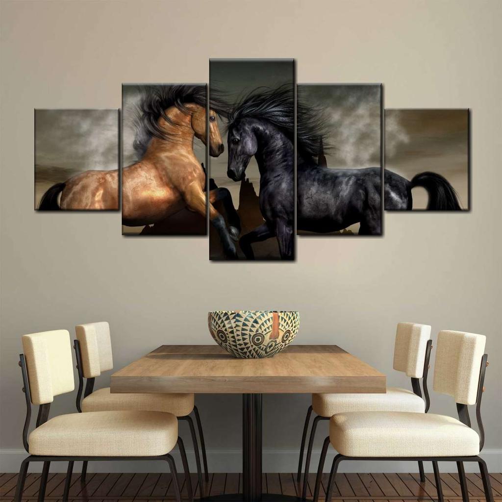 5 Panel Clashing Wild Horses Wall Art Running Horses Canvas Painting Horses On Beach Posters for Living Room Wall Decor No Frame