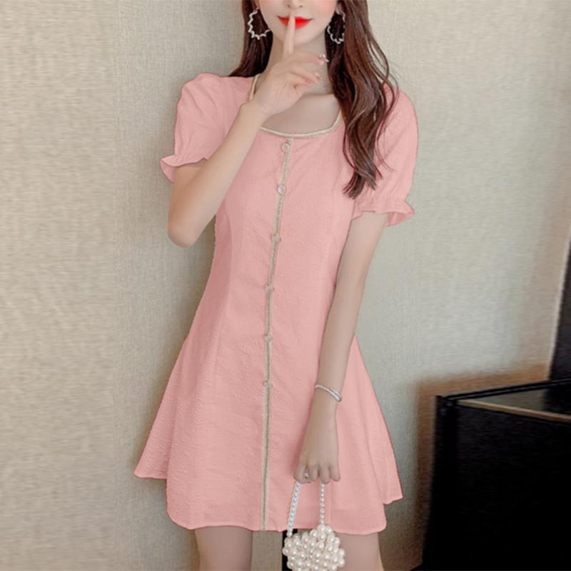 VONDA Women's Summer Round Neck Contrast Color Ribbon Puff Short Sleeve Waist Dress