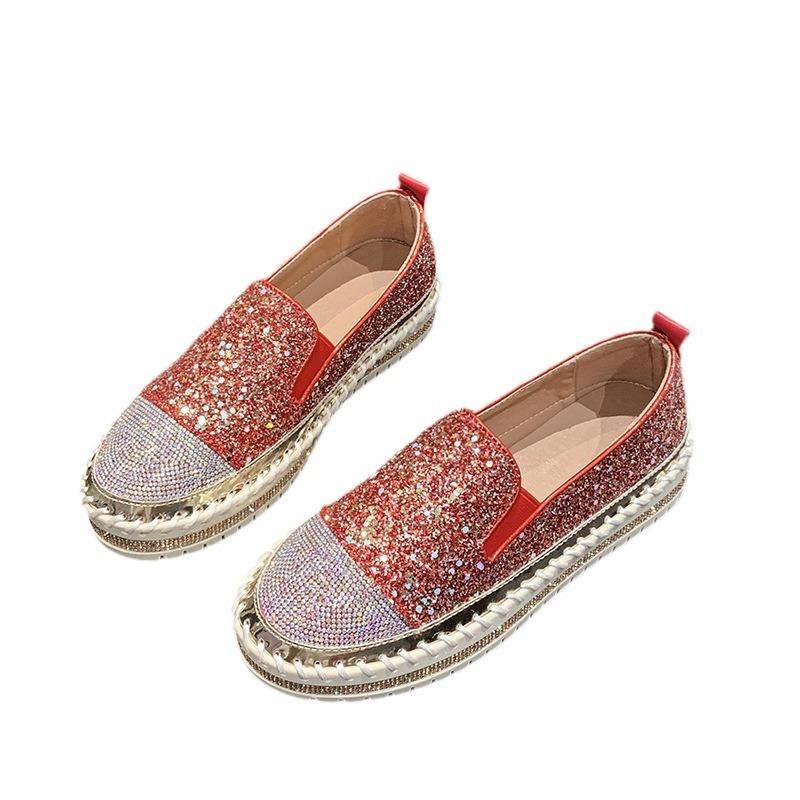 Übergröße lässige Einzelschuhe Damen Frühling neu dicksohlige flachbodige Strass genähte Damenschuhe