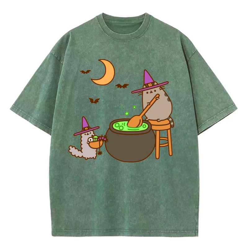 Cartoon Animal Print Women Washed Black T-Shirt Loose Crew Neck Short Sleeves Unisex Casual Cute Style Top Y2k Sweetheart