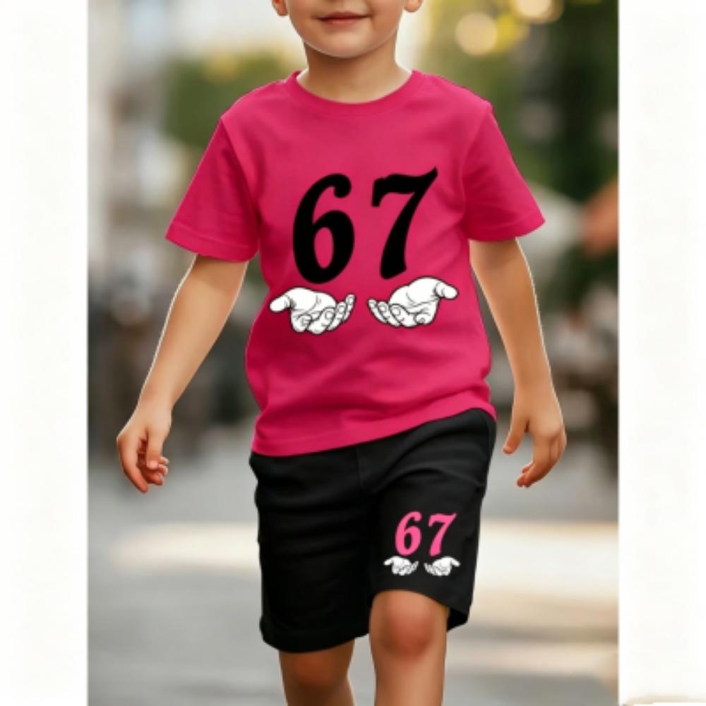 Fashion Funny 67 Palm Printed 11 Colors Kids T-shirt and Shorts 2 Piece Set Summer Home Outdoor Casual Outfit for Boy and Girl's T-shirt Sports Set