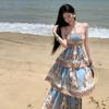 Bohemian Hollow Out Spaghetti-Strap Tiered Maxi Dress for Women Summer Sleeveless Backless Tie Up Slim Printed Beach Dress