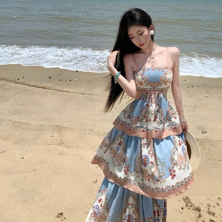 Bohemian Hollow Out Spaghetti-Strap Tiered Maxi Dress for Women Summer Sleeveless Backless Tie Up Slim Printed Beach Dress