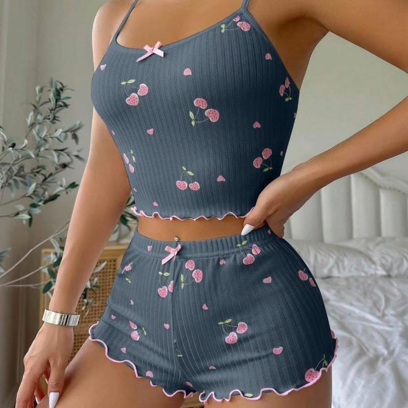 Women's Heart Print Sexy Ribbed Bow Decor Pajama Set, Round Neck Backless Comfortable Crop Cami Top & Shorts, Summer Nightwear