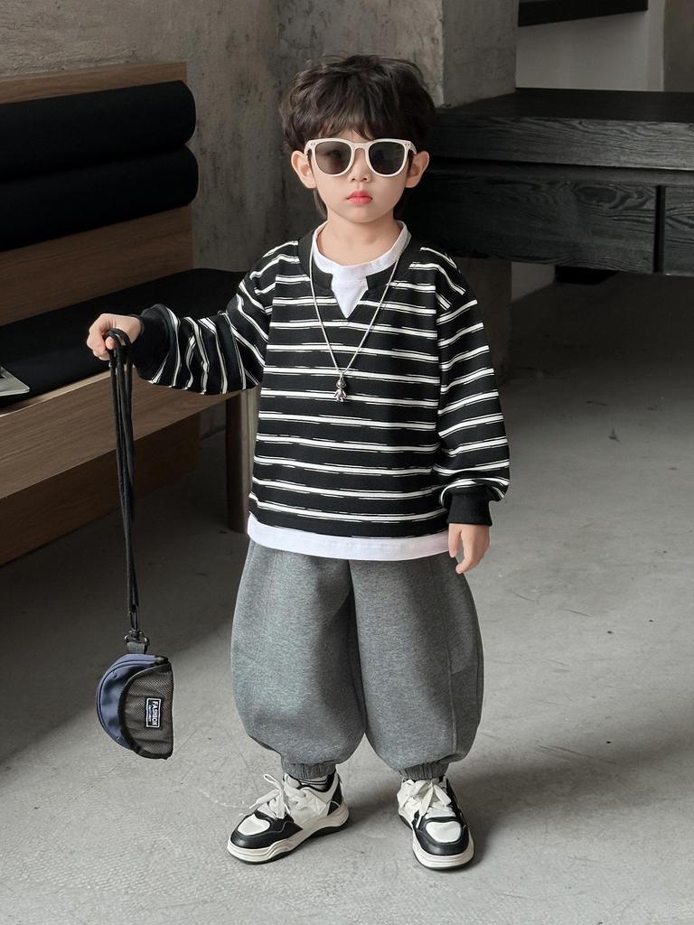 Autumn 2025 Boys' Trendy Striped Sweatshirt Set - Fashionable Early Autumn Outfit