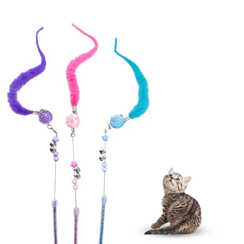 Wand Toy Interactive Cute Plush Toy Kitty Teaser Toy with Bells 16.5" Long Plastic Pole for cats and Kittens Dropshipping