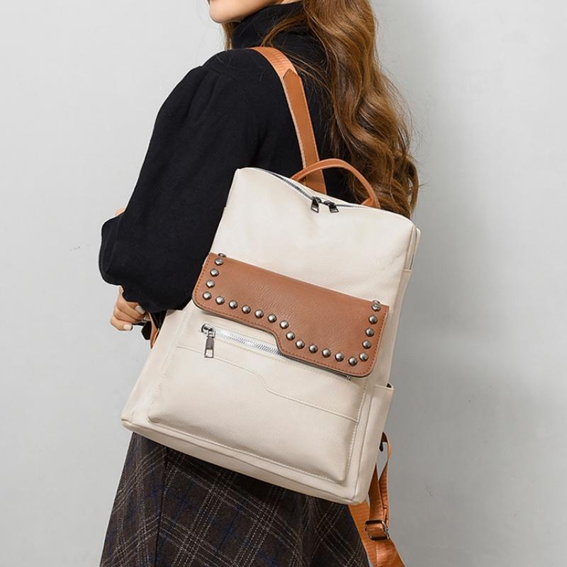 European and American Retro Versatile Women's Backpack High Quality Soft PU Leather College Student Rucksack Trendy Fashion Rivet Outdoor Travel Bag